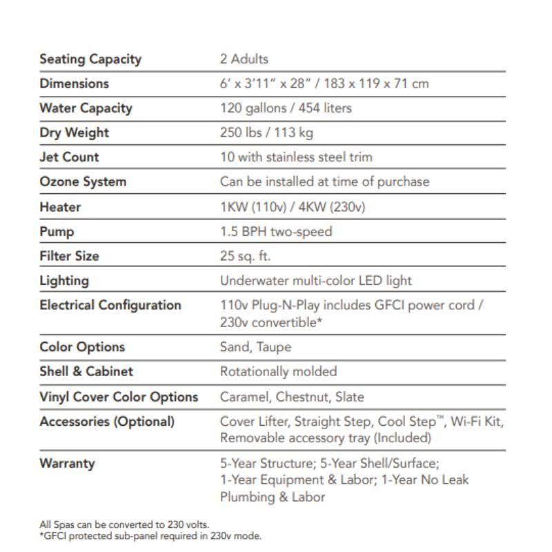 Specifications of the Mini Sport plug and play hot tub by Freeflow
